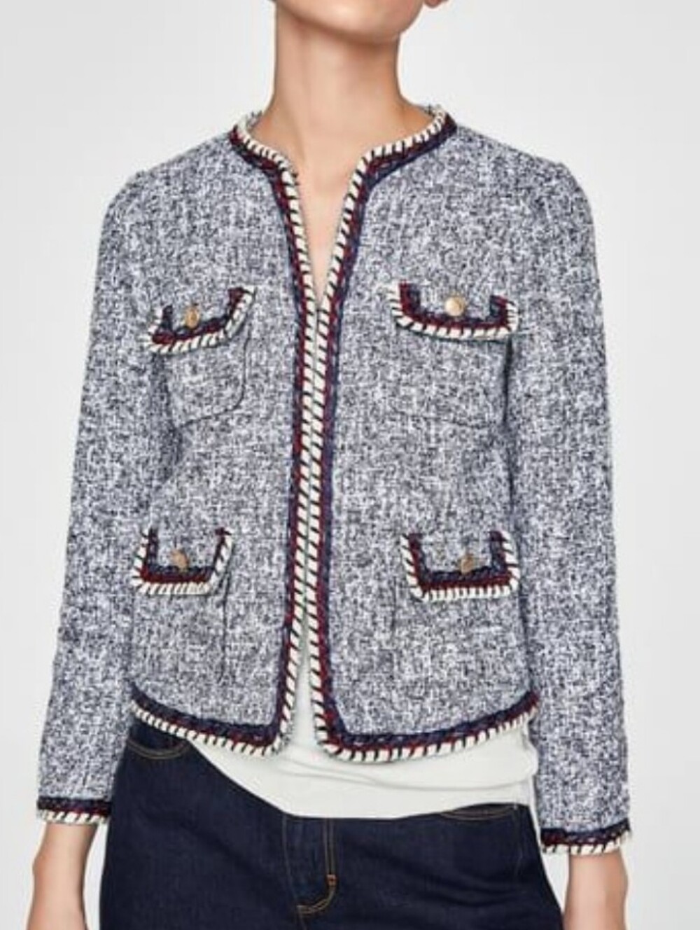 Zara Blue Tweed Embroidered Stitch Jacket Size XS Classy Casual Blue